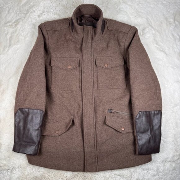 Kenneth Cole Men's Brown Wool Pea Coat Size Large Leather Sleeves Dress Work - Picture 1 of 11